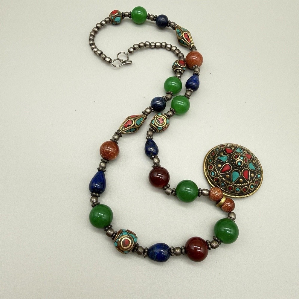 Tibetan Inlay Dome Pendant Necklace Boho Mixed Glass/Semi Precious Beads & Stone - Picture 15 of 16